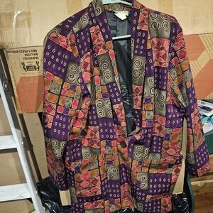 KENSINGTON SQUARE Womens Blazer Jacket Red Purple Mix Print USA Made Size Small